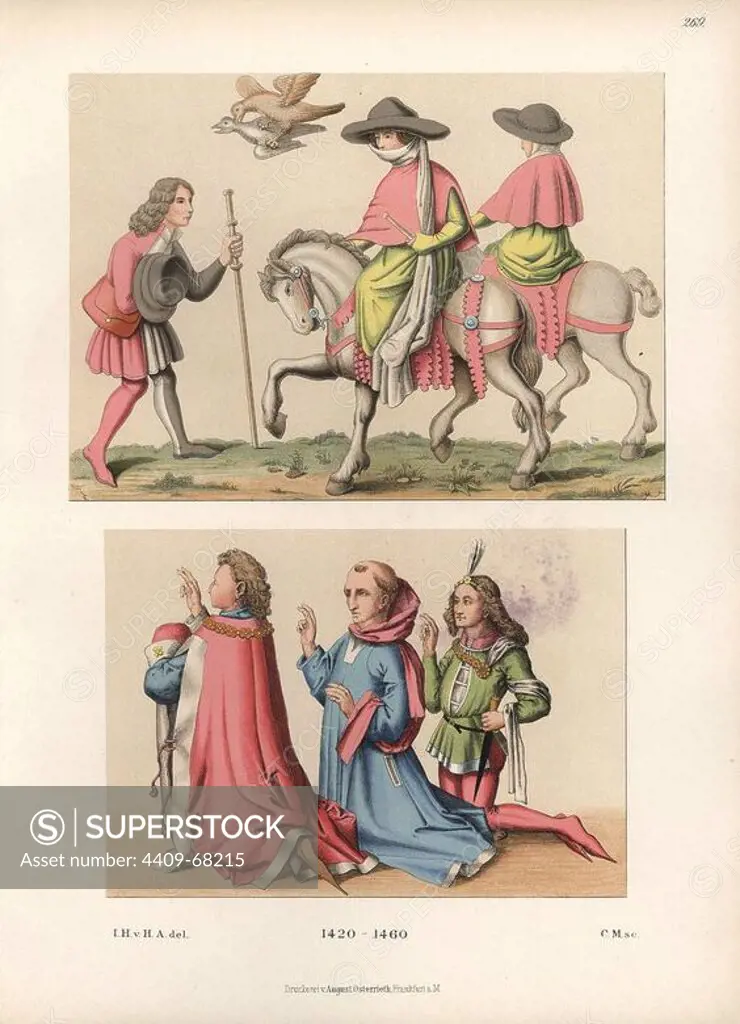 Male and female fashion from the 15th century. The illustration at top is from a coloured pen and ink drawing in Heidelberg Library, and shows two women in very original dress with short capes and long veils. The lower illustration is from Ulrich von Richtental's manuscript in Constance Rathhaus. Chromolithograph from Hefner-Alteneck's "Costumes, Artworks and Appliances from the early Middle Ages to the end of the 18th Century," Frankfurt, 1883. IIlustration drawn by Hefner-Alteneck, lithographed by C.M., and published by Heinrich Keller. Dr. Jakob Heinrich von Hefner-Alteneck (1811-1903) was a German archeologist, art historian and illustrator. He was director of the Bavarian National Museum from 1868 until 1886.