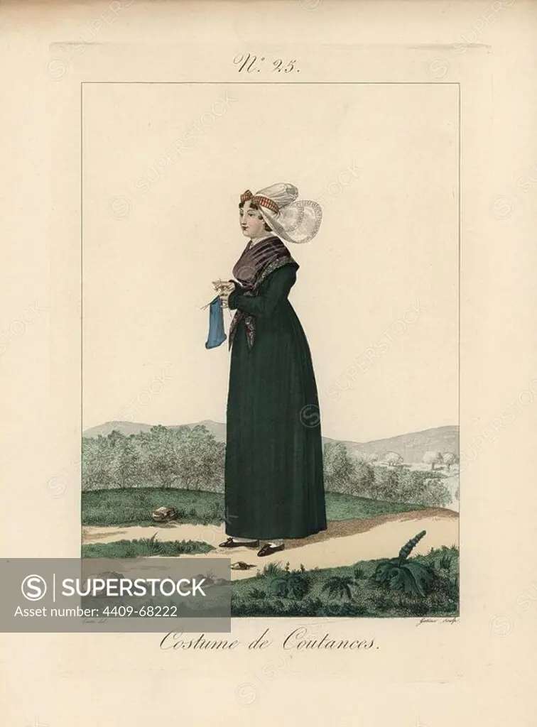 Woman in the costume of Coutances. The base of the bonnet is spread and the wings of the papillon (butterfly) are pulled far back behind the ears. The woman is knitting a woolen garment. Hand-colored fashion plate illustration by Lante engraved by Gatine from Louis-Marie Lante's "Costumes des femmes du Pays de Caux," 1827/1885. With their tall Alsation lace hats, the women of Caux and Normandy were famous for the elegance and style.