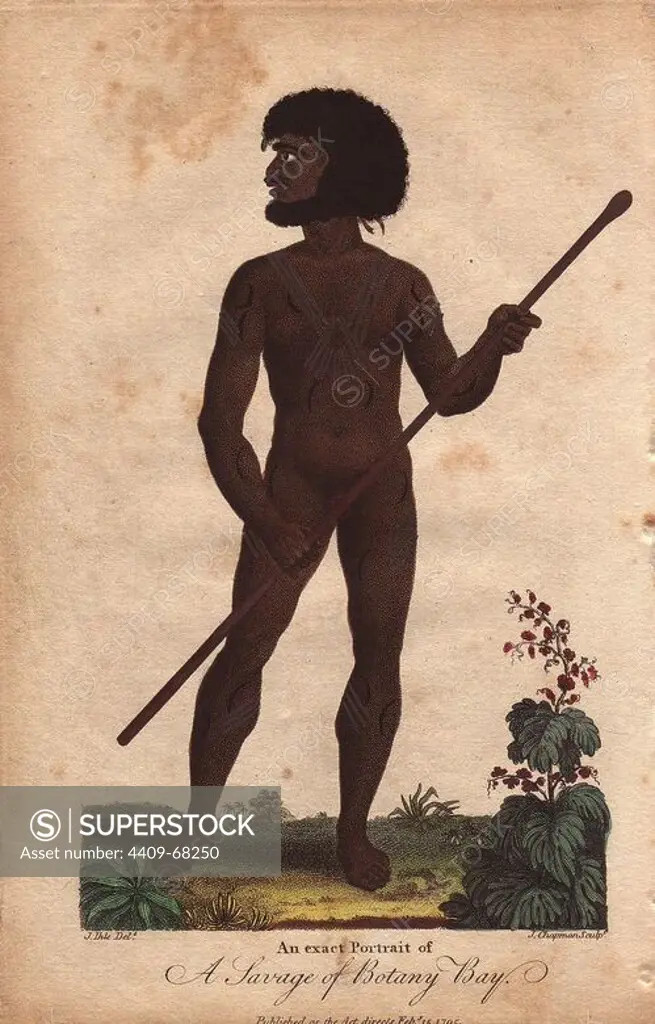 "A Savage of Botany Bay." Australian aborigine, naked, with beard and afro, decorated with tattoos, carrying a stick.. Hand-colored copperplate engraving from a drawing by Johann Ihle from Ebenezer Sibly's "Universal System of Natural History" 1794. The prolific Sibly published his Universal System of Natural History in 1794~1796 in five volumes covering the three natural worlds of fauna, flora and geology. The series included illustrations of mythical beasts such as the sukotyro and the mermaid, and depicted sloths sitting on the ground (instead of hanging from trees) and a domesticated female orang utan wearing a bandana. The engravings were by J. Pass, J. Chapman and Barlow copied from original drawings by famous natural history artists George Edwards, Albertus Seba, Maria Sybilla Merian, and Johann Ihle.