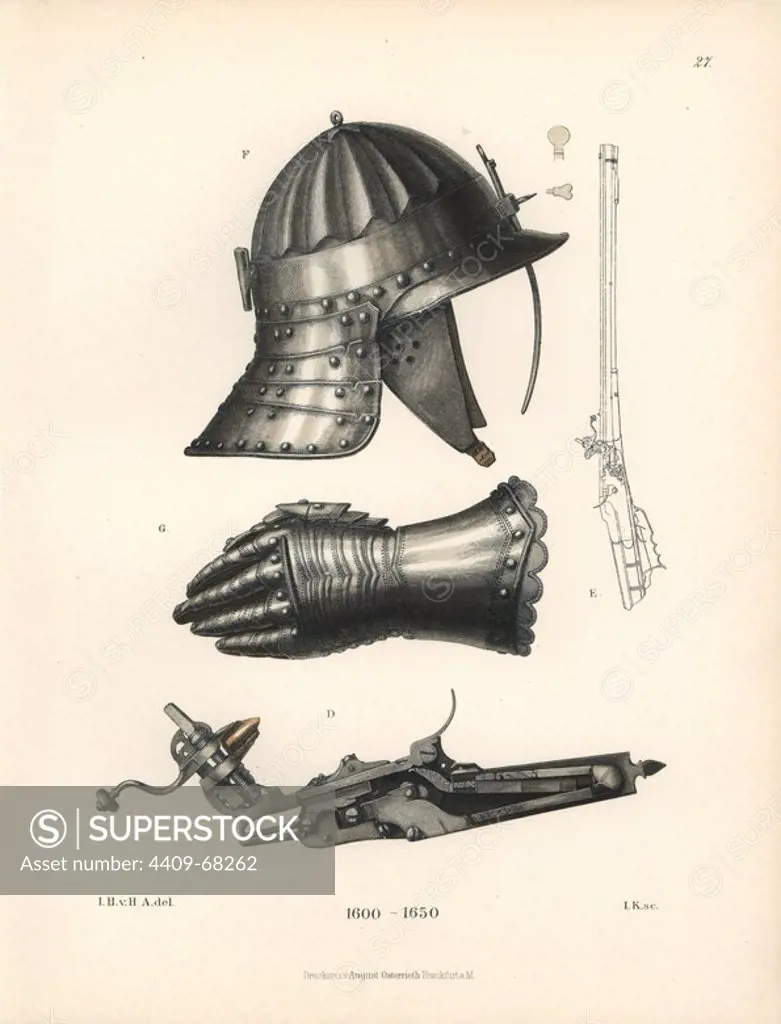 Helmet, glove and flintlock pistol from the 17th century. Chromolithograph from Hefner-Alteneck's "Costumes, Artworks and Appliances from the Middle Ages to the 17th Century," Frankfurt, 1889. Illustration by Dr. Jakob Heinrich von Hefner-Alteneck, lithograph by Joh. Klipphahn, and published by Heinrich Keller. Dr. Hefner-Alteneck (1811 - 1903) was a German curator, archaeologist, art historian, illustrator and etcher.