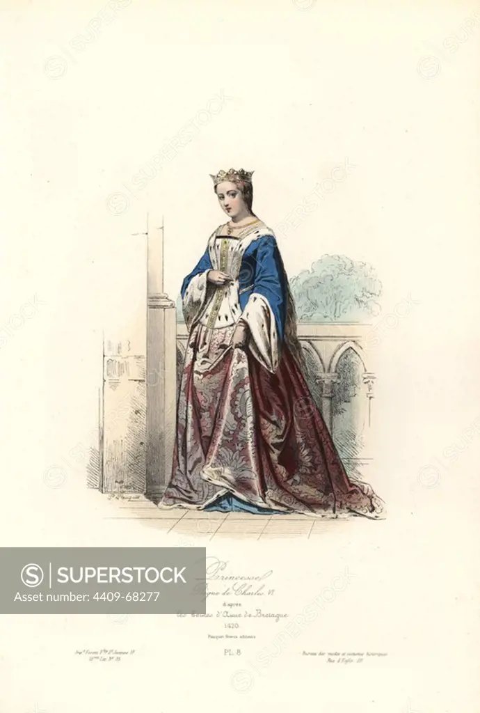 Princess, reign of Charles VI, 1420. Handcoloured steel engraving by Polidor Pauquet after the hours of Anne de Bretagne from the Pauquet Brothers' "Modes et Costumes Historiques" (Historical Fashions and Costumes), Paris, 1865. Hippolyte (b. 1797) and Polydor Pauquet (b. 1799) ran a successful publishing house in Paris in the 19th century, specializing in illustrated books on costume, birds, butterflies, anatomy and natural history.