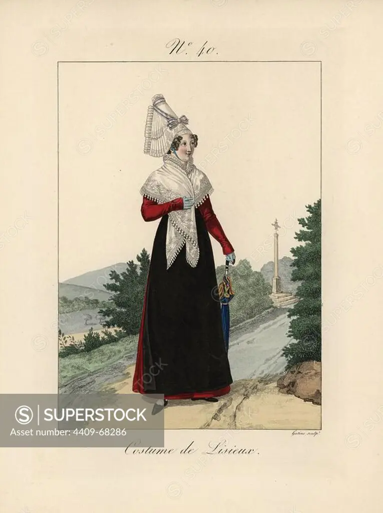 Woman in costume of Lisieux. She wears a pink and blue ribbon tied to her bavolet bonnet. She wears a lace shawl, black apron, crimson dress, sky blue gloves and carries an umbrella. Hand-colored fashion plate illustration by Benoit Pecheux engraved by Gatine from Louis-Marie Lante's "Costumes des femmes du Pays de Caux," 1827/1885. With their tall Alsation lace hats, the women of Caux and Normandy were famous for the elegance and style.