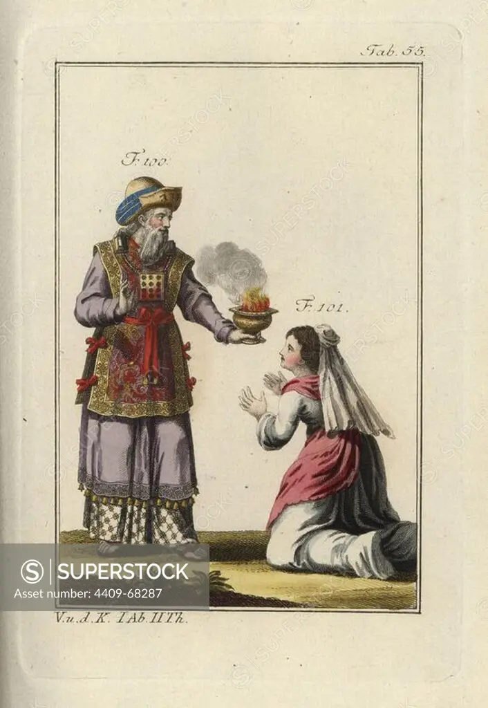 Jewish high priest and kneeling Jewish woman with veil. Handcolored copperplate engraving from Robert von Spalart's "Historical Picture of the Costumes of the Principal People of Antiquity and of the Middle Ages" (1797).