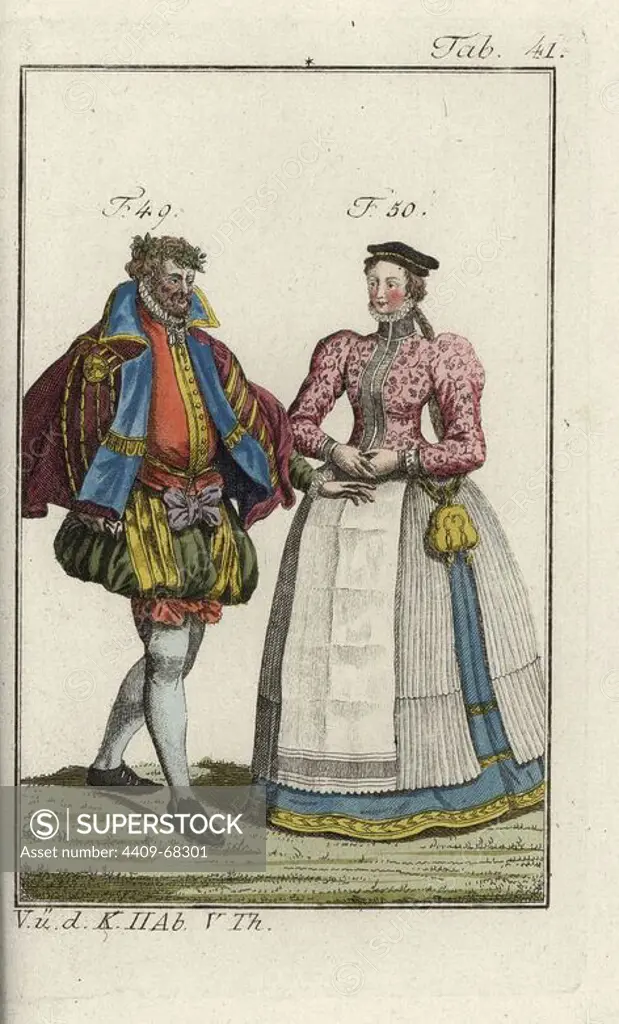 Burgher and woman of Nuremberg, 1577. Handcolored copperplate engraving from Robert von Spalart's "Historical Picture of the Costumes of the Principal People of Antiquity and of the Middle Ages," Vienna, 1811. Illustration based on Thomas Jefferys Collection of Dresses of Different Nations, Antient and Modern. After the Designs of Holbein, Van Dyke, Hollar, and others, London, 1757.