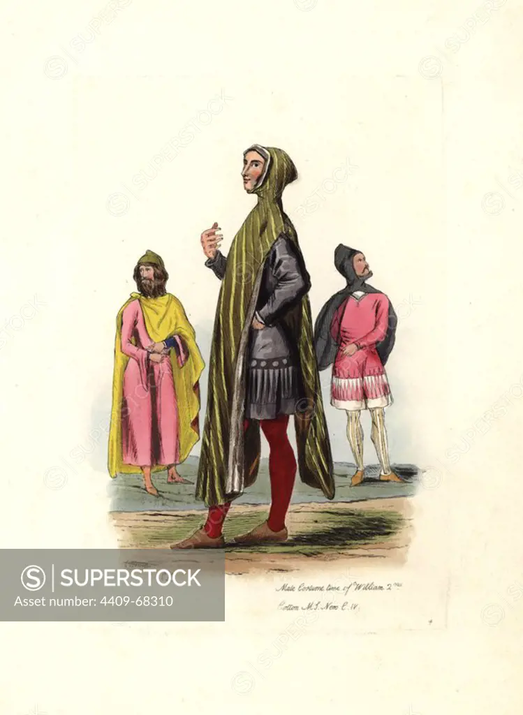 Men in hooded cloaks, tunics and stockings. Male costume of the time of William 2nd. Cotton MS, Nero C.IV. Handcolored engraving from "Civil Costume of England from the Conquest to the Present Period" drawn by Charles Martin and etched by Leopold Martin, London, Henry Bohn, 1842. The costumes were drawn from tapestries, monumental effigies, illuminated manuscripts and portraits. Charles and Leopold Martin were the sons of the romantic artist and mezzotint engraver John Martin (1789-1854).