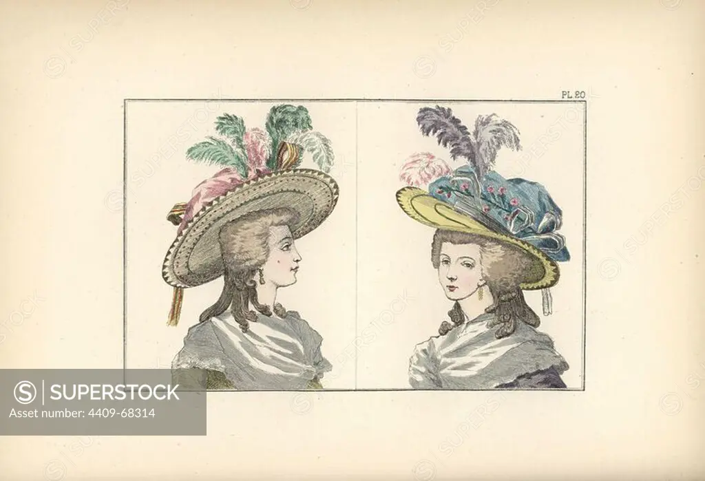 Woman in yellow caraco and straw hat, and woman in violet-blue caraco and yellow gauze hat.. Hand-colored lithograph from "Fashions and Customs of Marie Antoinette and her Times," by Le Comte de Reiset, Paris, 1885. The journal of Madame Eloffe, dressmaker and linen-merchant to the Queen and ladies of the court.