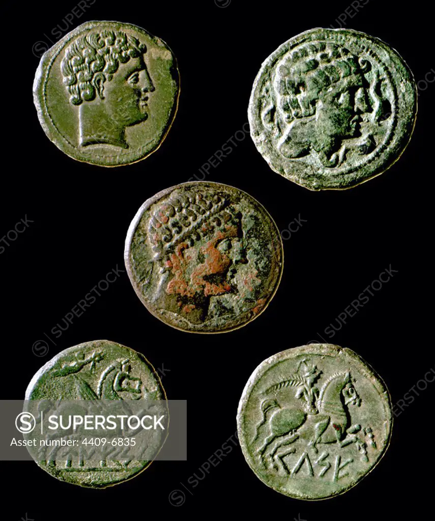 Bronze Iberic coins. Cese (Tarragona). Cese (Vellila de Ebro). Laisquen (Barna). Untiquesquen (Ampurias). Barcelona, Numismatic Cabinet. Location: GABINETE NUMISMATICO. Barcelona. SPAIN.