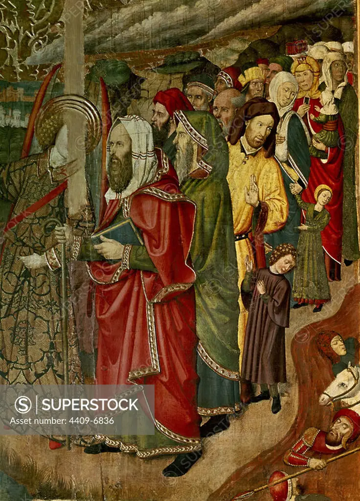 Altarpiece representing San Bernardino de Siena and his guardian angel crossing the Red Sea. 15th century. Museum of the Cathedral, Barcelone, Espagne. Author: JAIME HUGUET (1414-1492). Location: MUSEO DIOCESANO / PIA ALMOINA. Barcelona. SPAIN. MOSES.