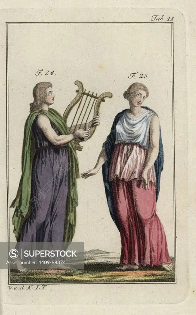Emperor Nero playing a harp and woman in Greek cloak, Peplos. Handcolored copperplate engraving from Robert von Spalart's "Historical Picture of the Costumes of the Principal People of Antiquity and of the Middle Ages" (1796).