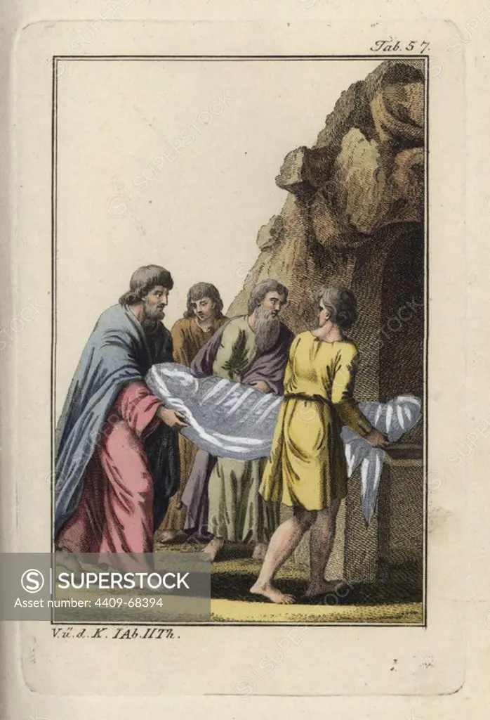 The shrouded body of Jesus Christ being carried into the tomb. Handcolored copperplate engraving from Robert von Spalart's "Historical Picture of the Costumes of the Principal People of Antiquity and of the Middle Ages" (1797).