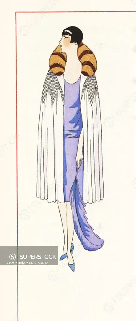Woman in afternoon cape of crepe de chine decorated with mink collar and bees' nest embroidery, over a purple dress.