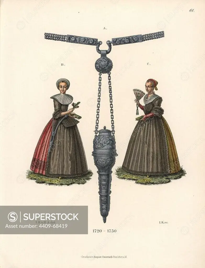 Burgher women of Augsburg in full skirts, tight bodices and lace ruffs, from the early 18th century and a silver case for cutlery. Chromolithograph from Hefner-Alteneck's "Costumes, Artworks and Appliances from the Middle Ages to the 18th Century," Frankfurt, 1889. Illustration by Dr. Jakob Heinrich von Hefner-Alteneck, lithographed by Joh. Klipphahn, and published by Heinrich Keller. Dr. Hefner-Alteneck (1811 - 1903) was a German museum curator, archaeologist, art historian, illustrator and etcher.