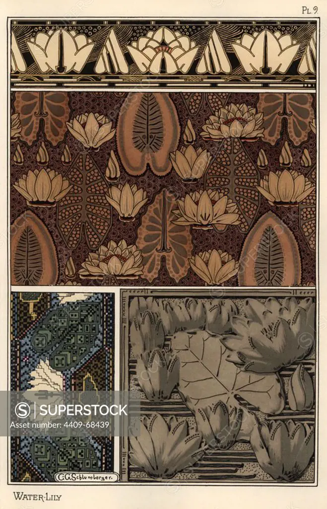 The water lily, Nelumbo lutea, in fabric, cross-stitch tapestry, and relief mold patterns. Lithograph by C. G. Schlumberger with pochoir (stencil) handcoloring from Eugene Grasset's Plants and their Application to Ornament, Paris, 1897. Grasset (1841-1917) was a Swiss artist whose innovative designs inspired the art nouveau movement at the end of the 19th century.