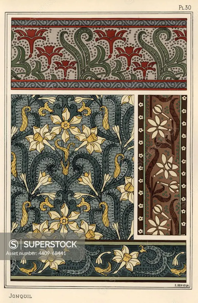 Jonquil, Narcissus jonquilla, as design motif in wallpaper and fabric patterns. Lithograph by Hervegh with pochoir (stencil) handcoloring from Eugene Grasset's Plants and their Application to Ornament, Paris, 1897. Grasset (1841-1917) was a Swiss artist whose innovative designs inspired the art nouveau movement at the end of the 19th century.
