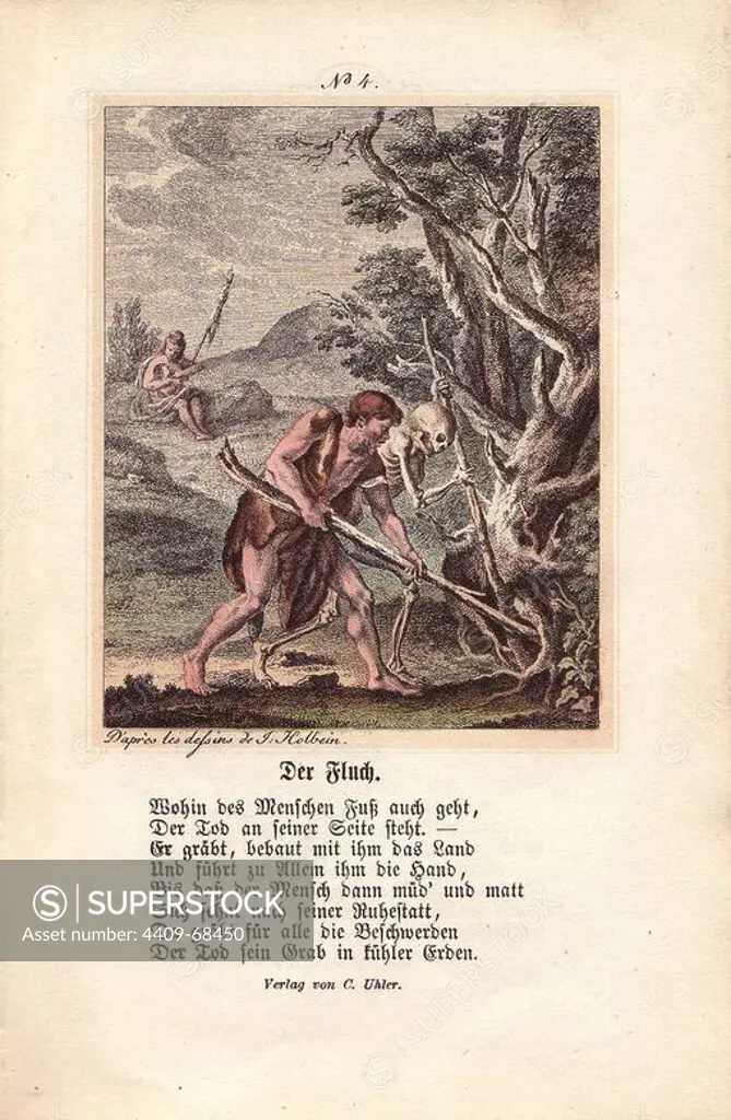 The Curse: Adam is digging in the ground, assisted by Death. In the distance Eve is suckling her first-born, and holding a distaff. Hand-coloured engraving by Chretien de Mechel from Hans Holbein's "The Triumph of Death," based on original drawings by Peter Paul Rubens, 1860.