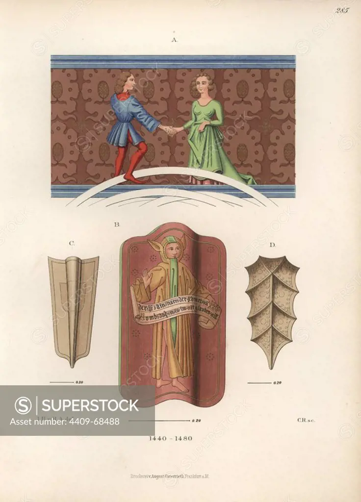 Fashion of the mid 15th century from a miniature in the library at Aschaffenburg Castle (A), and a shield from a private collection in Regensburg (B), and two shields from Darmstadt Museum. Chromolithograph from Hefner-Alteneck's "Costumes, Artworks and Appliances from the early Middle Ages to the end of the 18th Century," Frankfurt, 1883. IIlustration drawn by Hefner-Alteneck, lithographed by C. Regnier, and published by Heinrich Keller. Dr. Jakob Heinrich von Hefner-Alteneck (1811-1903) was a German archeologist, art historian and illustrator. He was director of the Bavarian National Museum from 1868 until 1886.