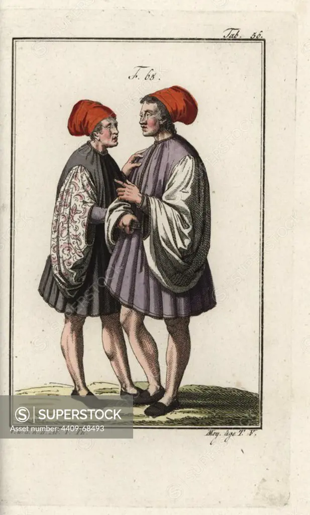 Married couple of Venice in the early middle ages. Handcolored copperplate engraving from Robert von Spalart's "Historical Picture of the Costumes of the Principal People of Antiquity and of the Middle Ages," Vienna, 1811. Illustration based on Cesare Vecellio's Habiti Antichi e moderni, Venice, 1590.