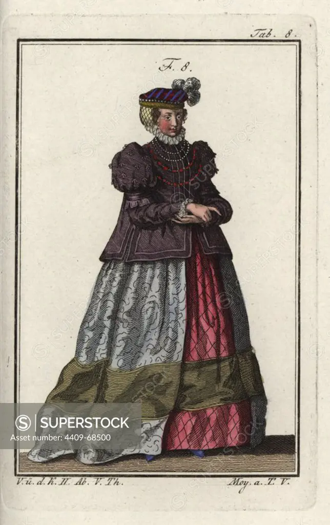 Girl of Swabia, Germany, 1577. Handcolored copperplate engraving from Robert von Spalart's "Historical Picture of the Costumes of the Principal People of Antiquity and of the Middle Ages," Vienna, 1811. Illustration based on Thomas Jefferys Collection of Dresses of Different Nations, Antient and Modern. After the Designs of Holbein, Van Dyke, Hollar, and others, London, 1757.
