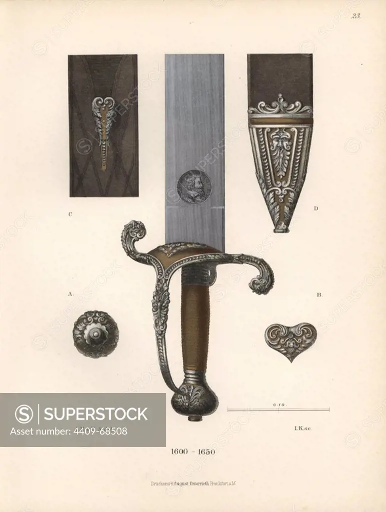 Sword of Maximilian I, Elector of Bavaria, with details of hilt, blade and scabbard. Chromolithograph from Hefner-Alteneck's "Costumes, Artworks and Appliances from the Middle Ages to the 17th Century," Frankfurt, 1889. Illustration by Dr. Jakob Heinrich von Hefner-Alteneck, lithograph by Joh. Klipphahn, and published by Heinrich Keller. Dr. Hefner-Alteneck (1811 - 1903) was a German museum curator, archaeologist, art historian, illustrator and etcher.