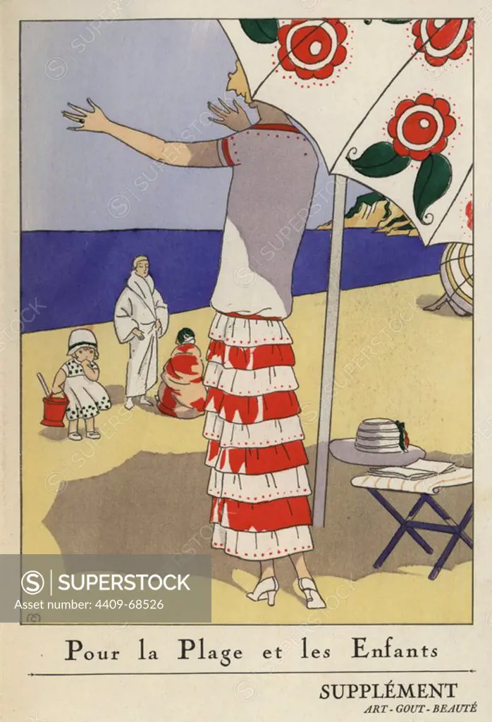 Family at the beach: woman in red and white stripe dress, standing under a flowery parasol. Man in beach robe, child in dress and hat, holding a bucket. Handcolored pochoir (stencil) lithograph from the French luxury fashion magazine "Art, Gout, Beaute" 1923.