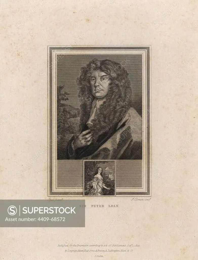 Self portrait of Sir Peter Vander Vaas, Sir Peter Lely (1617-1680), Dutch history and portrait artist at the court of King Charles II of England.. Steel engraving by John Corner from "Portraits of Celebrated Painters with Medallions from their Best Performances" 1825.