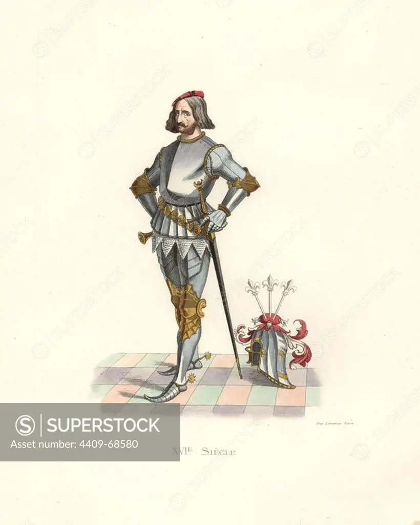 Patrician of Nuremberg, 16th century, from the Stroemer family, in suit of armor and grand helmet. From a precious example of "Patriciens de Nuremberg," 1617, colored and finished in gold by G. Schneider. Handcolored illustration by E. Lechevallier-Chevignard, lithographed by A. Didier, L. Flameng, F. Laguillermie, from Georges Duplessis's "Costumes historiques des XVIe, XVIIe et XVIIIe siecles" (Historical costumes of the 16th, 17th and 18th centuries), Paris 1867. The book was a continuation of the series on the costumes of the 12th to 15th centuries published by Camille Bonnard and Paul Mercuri from 1830. Georges Duplessis (1834-1899) was curator of the Prints department at the Bibliotheque nationale. Edmond Lechevallier-Chevignard (1825-1902) was an artist, book illustrator, and interior designer for many public buildings and churches. He was named professor at the National School of Decorative Arts in 1874.