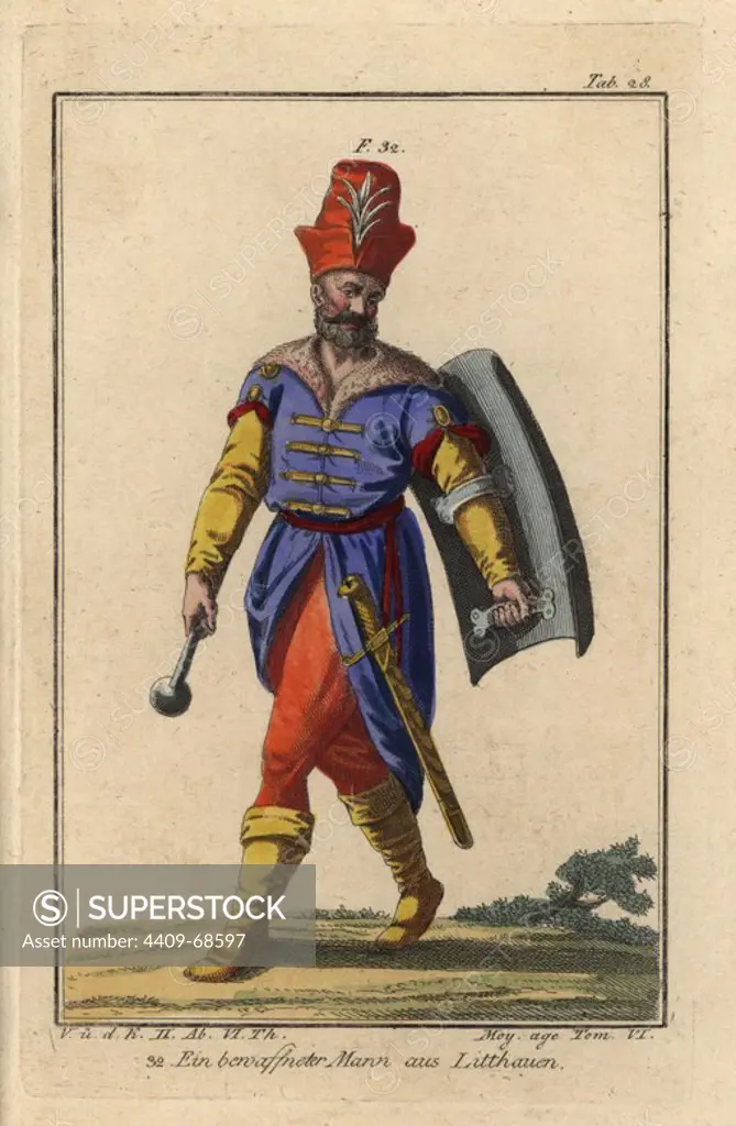 Armed man of Lithuania, with mace, sword and shield. Handcolored copperplate engraving from Robert von Spalart's "Historical Picture of the Costumes of the Peoples of Antiquity, the Middle Ages and the New Era," written by Leopold Ziegelhauser, Vienna, 1837. Illustration from Cesare Vecellio's Habiti antichi e moderni, Venice, 1590.