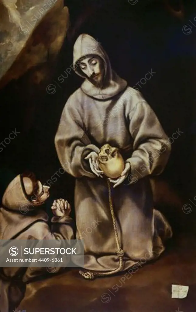 Francis of Assisi in Meditation - 1600/14 - oil on canvas - 160x103 cm - Spanish Mannerism - NP 819. Author: EL GRECO. Location: MUSEO DEL PRADO-PINTURA, MADRID, SPAIN. Also known as: SAN FRANCISCO DE ASIS Y EL HERMANO LEON MEDITANDO SOBRE LA MUERTE.