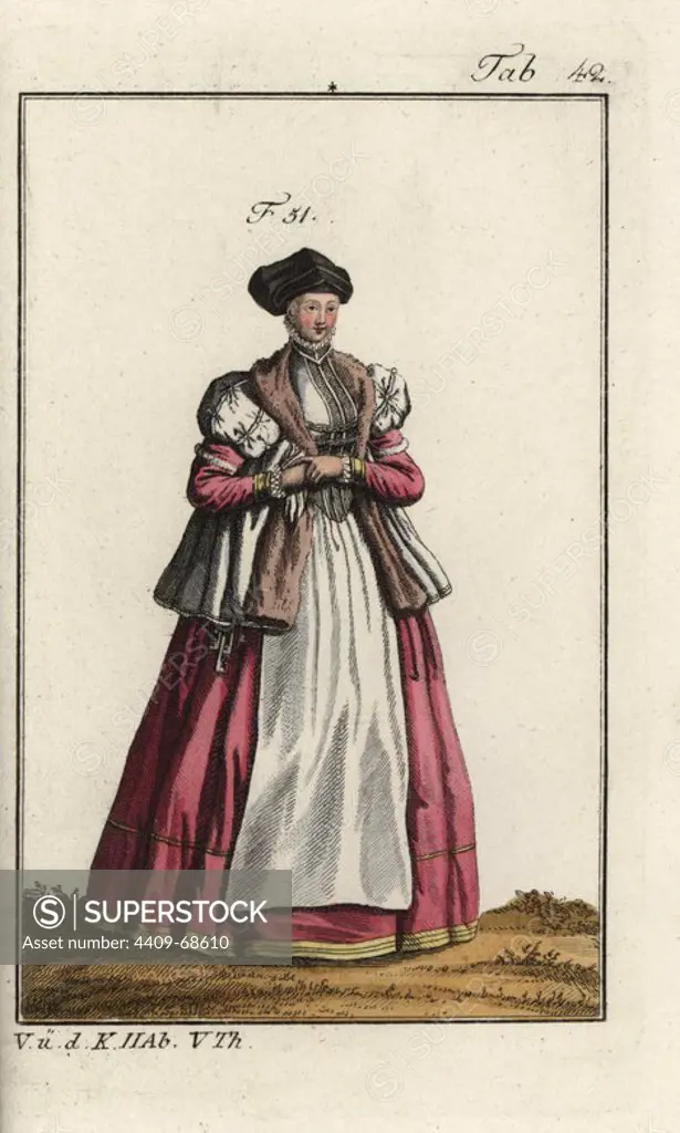 Lady of Meissen, 1577. Handcolored copperplate engraving from Robert von Spalart's "Historical Picture of the Costumes of the Principal People of Antiquity and of the Middle Ages," Vienna, 1811. Illustration based on Thomas Jefferys Collection of Dresses of Different Nations, Antient and Modern. After the Designs of Holbein, Van Dyke, Hollar, and others, London, 1757.