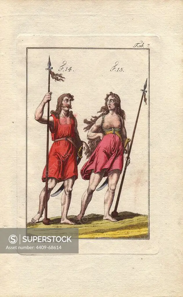 "The Caledonians wore a garment without sleeves, which fell to the middle of the thigh, left the chest bare, and was tied with a belt, from which were hung a sword and shield (14).". "The women wore a garment without sleeves, a little shorter than the men's; they left their breasts entirely exposed. They were armed, just like the men (15). The images were taken from the fourth part of Speed's, Collection of the Dresses, etc." . Handcolored copperplate engraving from Robert von Spalart's "Historical Picture of the Costumes of the Principal People of Antiquity and of the Middle Ages" (1796).