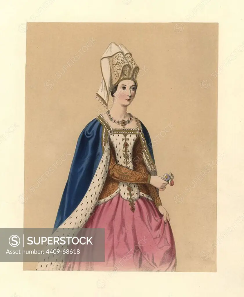 Dress of the reign of King Henry VI, 1422~1461. She wears a blue fur-lined mantle over a jeweled and fur-trimmed bodice over a pink skirt. Her Royal MS, Harleian MS, Froissart, Montfaucon, drawing by King Rene, print in Lidgates poem, Nuremburg Chronicle. Handcoloured lithograph from "Costumes of British Ladies from the Time of William the First to the Reign of Queen Victoria, London, Dickinson & Son, 1840. 48 mounted plates of women's fashion from 1066 to 1840 based on effigies, manuscripts, portraits, prints and literary descriptions.
