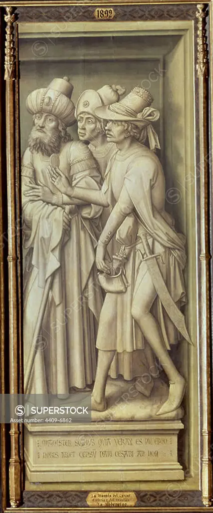 'Tríptico de la Redención: la moneda del César', 1455-1460, Oil on panel, 195 cm x 77 cm, P01892. Author: VRANCKE VAN DER STOCKT (1420-1495). Location: MUSEO DEL PRADO-PINTURA. MADRID. SPAIN.