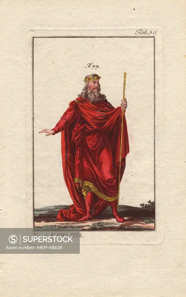 Clovis (c. 466~511) was the first King of the Franks to unite all the Frankish tribes under one king, and the founder of the Merovingian dynasty.. "Clovis wears a long tunic decorated with a border embroidered in gold, a great mantle, boots and a diadem: his sceptre is of the greatest simplicity (77).". "Towards the end of the 5th century, and principally under Clovis, the custom of wearing a beard was introduced, and lasted until the end of the 12th.". "The most ancient sceptre to be seen in the hands of the kings of France is that of the statue of Clovis at the door of the Abbey of St. Germain-des-pres." . Handcolored copperplate engraving from Robert von Spalart's "Historical Picture of the Costumes of the Principal People of Antiquity and of the Middle Ages" (1796).