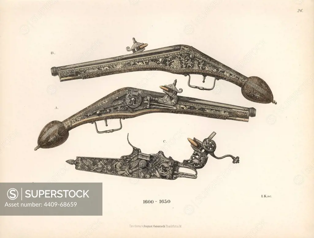 Flintlock pistol with engraved stock and handle from the 17th century. Chromolithograph from Hefner-Alteneck's "Costumes, Artworks and Appliances from the Middle Ages to the 17th Century," Frankfurt, 1889. Illustration by Dr. Jakob Heinrich von Hefner-Alteneck, lithograph by Joh. Klipphahn, and published by Heinrich Keller. Dr. Hefner-Alteneck (1811 - 1903) was a German museum curator, archaeologist, art historian, illustrator and etcher.