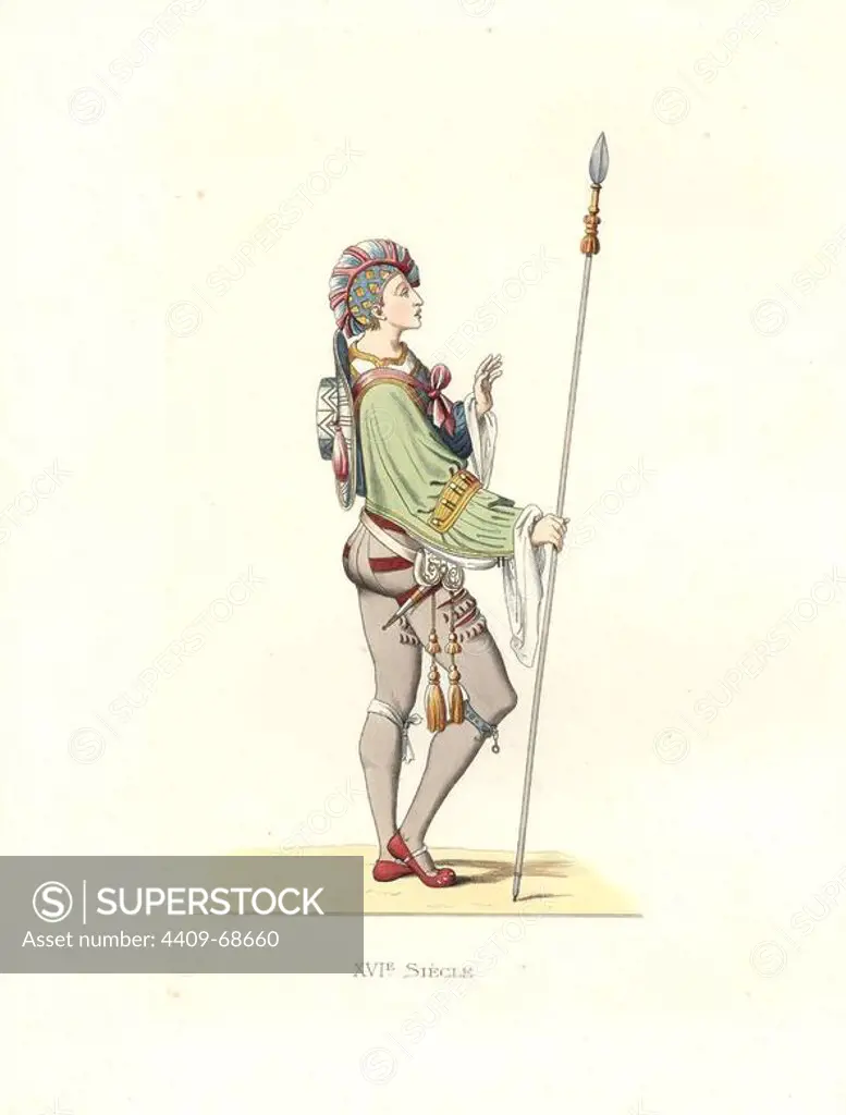 Flemish military attendant, 16th century, in loose jacket, wide green sleeves, grey hose with crimson slashes, holding a lance, wearing a short dagger.. Handcolored illustration by E. Lechevallier-Chevignard, lithographed by A. Didier, L. Flameng, F. Laguillermie, from Georges Duplessis's "Costumes historiques des XVIe, XVIIe et XVIIIe siecles" (Historical costumes of the 16th, 17th and 18th centuries), Paris 1867. The book was a continuation of the series on the costumes of the 12th to 15th centuries published by Camille Bonnard and Paul Mercuri from 1830. Georges Duplessis (1834-1899) was curator of the Prints department at the Bibliotheque nationale. Edmond Lechevallier-Chevignard (1825-1902) was an artist, book illustrator, and interior designer for many public buildings and churches. He was named professor at the National School of Decorative Arts in 1874.