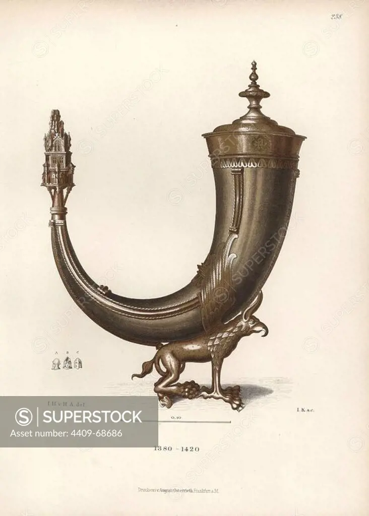 Drinking horn from the 15th century. Chromolithograph from Hefner-Alteneck's "Costumes, Artworks and Appliances from the early Middle Ages to the end of the 18th Century," Frankfurt, 1883. IIlustration drawn by Hefner-Alteneck, lithographed by W, and published by Heinrich Keller. Dr. Jakob Heinrich von Hefner-Alteneck (1811-1903) was a German archeologist, art historian and illustrator. He was director of the Bavarian National Museum from 1868 until 1886.