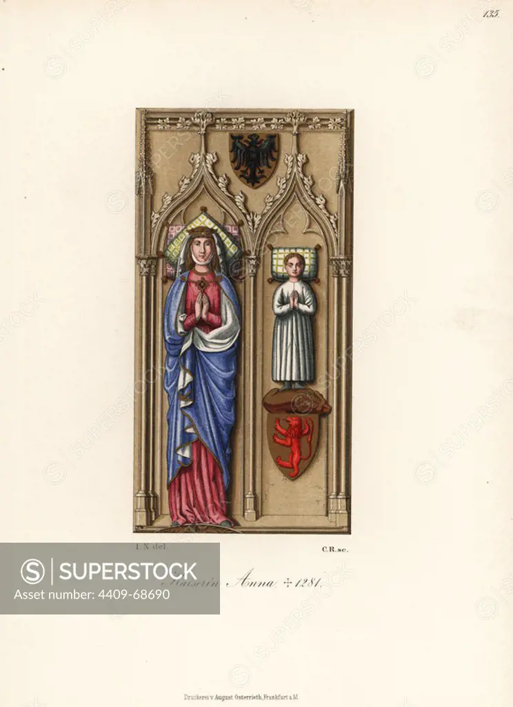 Gertrude Anne of Hohenberg, 1225-1281, queen of King Rudolf I of Germany, and her son Charles, d.1276. Kaiserin Anna Gertraud, Karl. From her tomb in Basel Minster. Chromolithograph from Hefner-Alteneck's Costumes, Artworks and Appliances from the Middle Ages to the 17th Century, Frankfurt, 1889. Illustration by Dr. Jakob Heinrich von Hefner-Alteneck, lithographed by C.R. Dr. Hefner-Alteneck (1811 - 1903) was a German museum curator, archaeologist, art historian, illustrator and etcher.