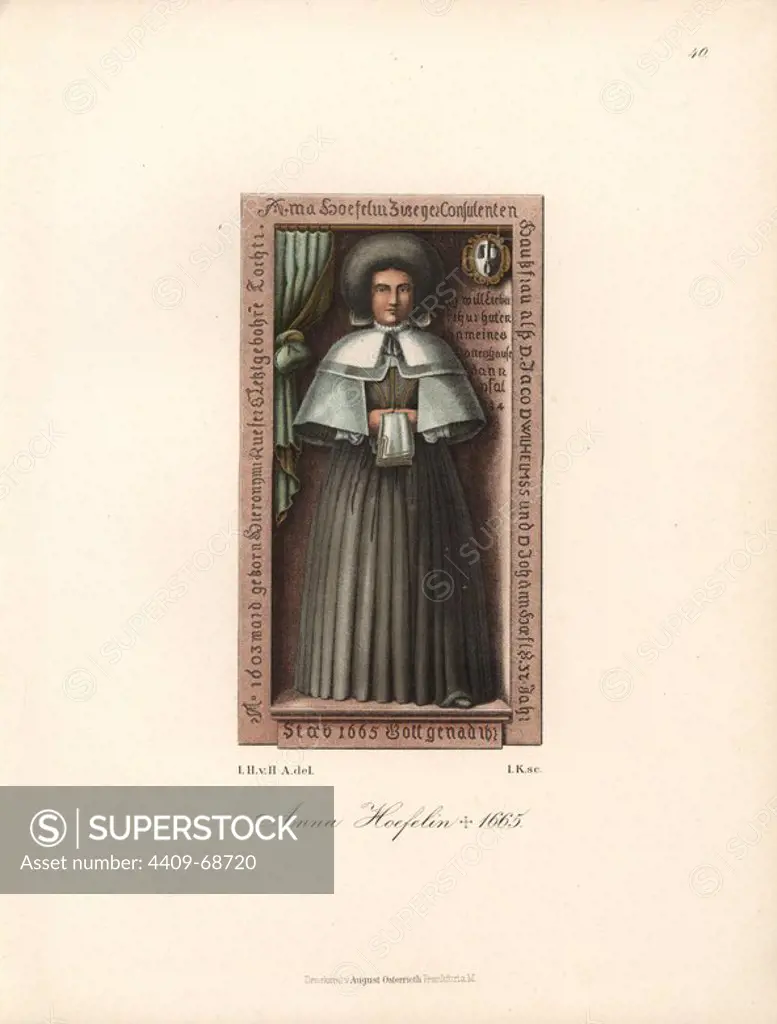 Anna Hoefelin, 1603-1665, from her gravestone in the parish church at Schweinfurt, with her coat of arms. Chromolithograph from Hefner-Alteneck's "Costumes, Artworks and Appliances from the Middle Ages to the 17th Century," Frankfurt, 1889. Illustration by Dr. Jakob Heinrich von Hefner-Alteneck, lithographed by Joh. Klipphahn, and published by Heinrich Keller. Dr. Hefner-Alteneck (1811 - 1903) was a German museum curator, archaeologist, art historian, illustrator and etcher.