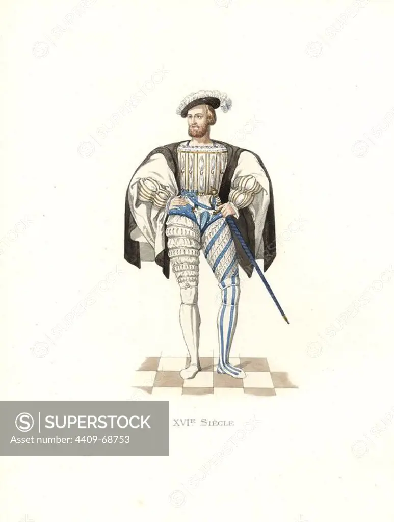 Claude of Lorraine, first Duke of Guise (1496-1550). From a portrait of him at the age of 30. Lithograph signed by J. Jacquet. Brown cape over slashed jerkin, hose and stockings in white and blue. Sword in blue scabbard.. Handcolored illustration by E. Lechevallier-Chevignard, lithographed by A. Didier, L. Flameng, F. Laguillermie, from Georges Duplessis's "Costumes historiques des XVIe, XVIIe et XVIIIe siecles" (Historical costumes of the 16th, 17th and 18th centuries), Paris 1867. The book was a continuation of the series on the costumes of the 12th to 15th centuries published by Camille Bonnard and Paul Mercuri from 1830. Georges Duplessis (1834-1899) was curator of the Prints department at the Bibliotheque nationale. Edmond Lechevallier-Chevignard (1825-1902) was an artist, book illustrator, and interior designer for many public buildings and churches. He was named professor at the National School of Decorative Arts in 1874.