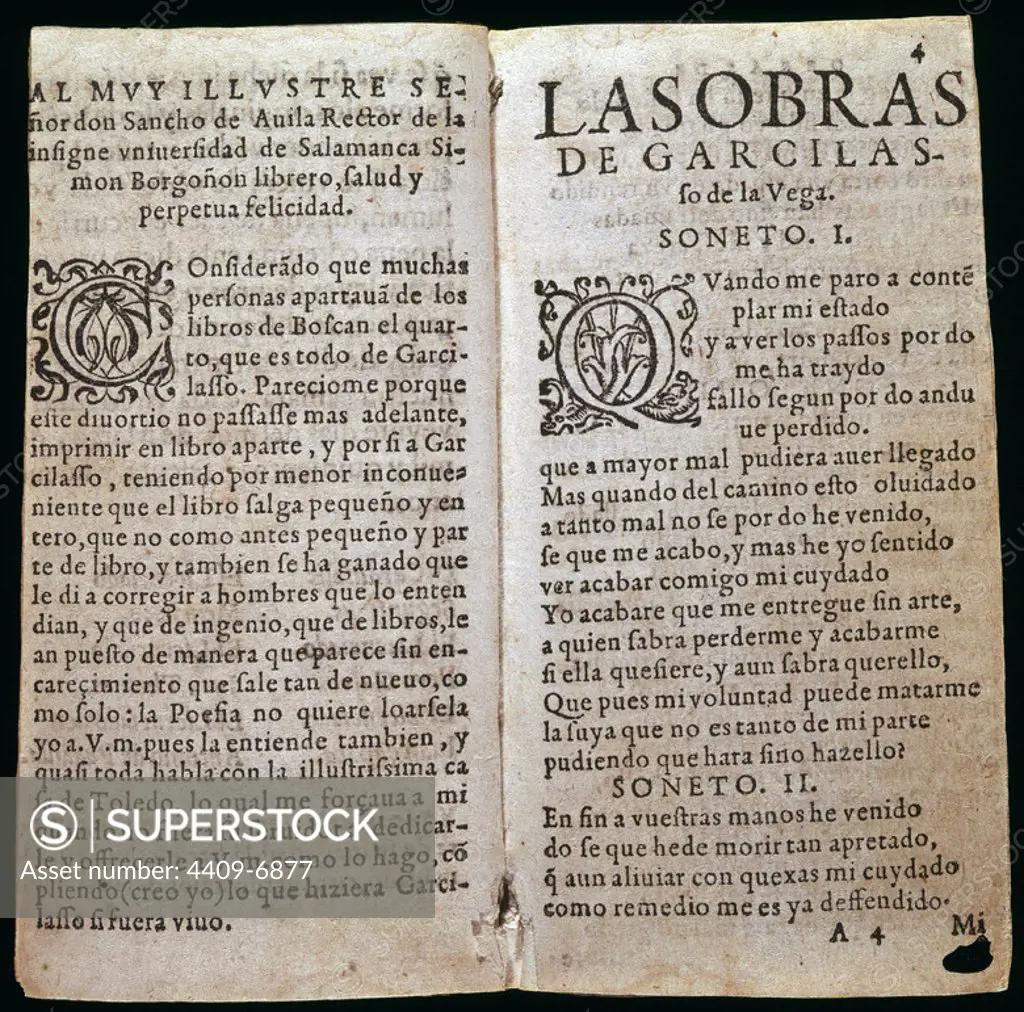 Works. 16th century. Edition by Alonso de la Barrera in 1580 in Seville. Spanish literature of the Golden Century. Madrid, National Library. Author: VEGA GARCILASO DE LA. Location: BIBLIOTECA NACIONAL-COLECCION. MADRID. SPAIN.