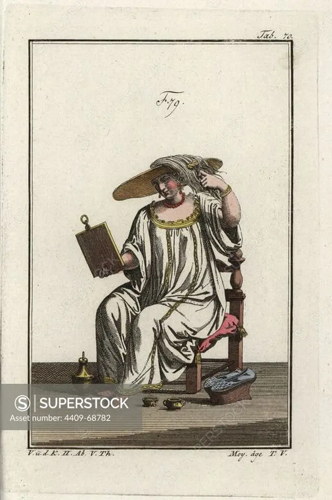 A woman of Venice dying her hair using a solana (a wide brim with a hole in the centre) in front of a mirror. Blonde hair was very fashionable. Handcolored copperplate engraving from Robert von Spalart's "Historical Picture of the Costumes of the Principal People of Antiquity and of the Middle Ages," Vienna, 1811. Illustration based on Cesare Vecellio's "Habiti Antichi e moderni," Venice, 1590.
