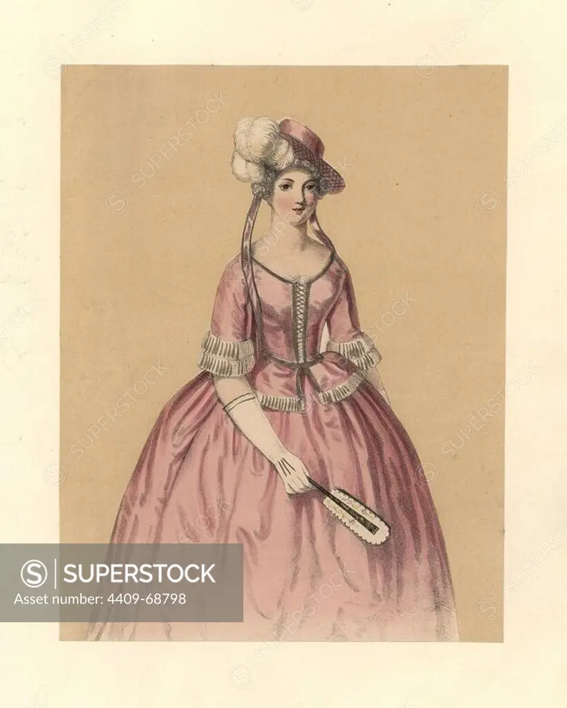 Dress of the reign of King George II, 1727~1760. She wear a pink hat with plumes and ribbons, a tight bodice with lace cuffs, and a full crinoline petticoat. Based on Thomas Jefferys Collection of Dresses, Grays Inn Journal, Spectator, Rose Bradwardines dress in Sir Walter Scotts Waverley. Handcoloured lithograph from "Costumes of British Ladies from the Time of William the First to the Reign of Queen Victoria, London, Dickinson & Son, 1840. 48 mounted plates of women's fashion from 1066 to 1840 based on effigies, manuscripts, portraits, prints and literary descriptions.