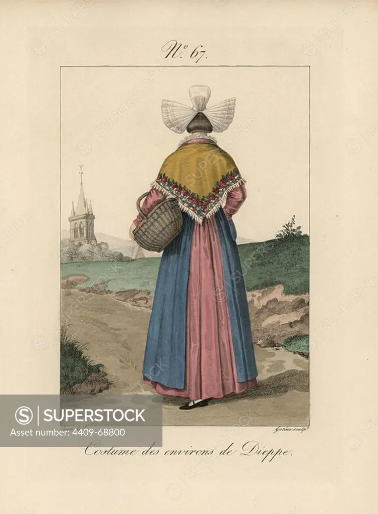 Costume of the area of Dieppe. Rear view of a bonnet with its papillon (butterfly) wings folded toward the front, giving it a very different air. A church can be seen in the background. Hand-colored fashion plate illustration by Lante engraved by Gatine from Louis-Marie Lante's "Costumes des femmes du Pays de Caux," 1827/1885. With their tall Alsation lace hats, the women of Caux and Normandy were famous for the elegance and style.
