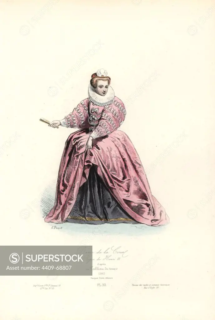 Courtier, reign of Henri III, 1580. Handcoloured steel engraving by Hippolyte Pauquet after a contemporary painting from the Pauquet Brothers' "Modes et Costumes Historiques" (Historical Fashions and Costumes), Paris, 1865. Hippolyte (b. 1797) and Polydor Pauquet (b. 1799) ran a successful publishing house in Paris in the 19th century, specializing in illustrated books on costume, birds, butterflies, anatomy and natural history.