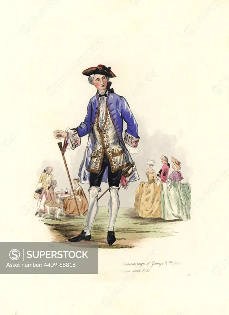 Costumes from the reign of George II, 1751, from views of Vauxhall Gardens. He wears an embroidered waistcoat under a large cuffed coat, breeches and stockings, buckled shoes, tricorn and wig, and carries a sword and cane. Handcolored engraving from "Civil Costume of England from the Conquest to the Present Period" drawn by Charles Martin and etched by Leopold Martin, London, Henry Bohn, 1842. The costumes were drawn from tapestries, monumental effigies, illuminated manuscripts and portraits. Charles and Leopold Martin were the sons of the romantic artist and mezzotint engraver John Martin (1789-1854).