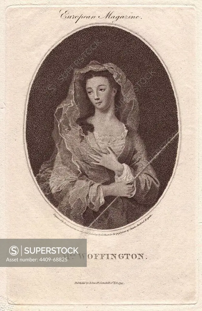 Mrs. Margaret "Peg" Woffington (1717-1760), Irish actress and singer. She was celebrated for her beauty and wit, famous for her performances with David Garrick, and notorious for her brawl with Catherine Clive. Pictured as a shepherdess with a staff in her right hand.. From a portrait by J. C. Eccardt, engraved by Pearson, published in the European Magazine 1795.