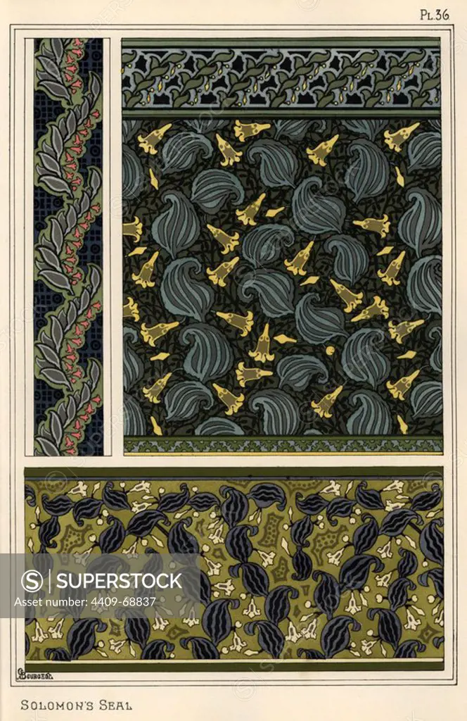 Solomon's seal, Polygonatum multiflorum, as design motif in wallpaper, borders and fabric. Lithograph by G. Bourgeol with pochoir (stencil) handcoloring from Eugene Grasset's Plants and their Application to Ornament, Paris, 1897. Grasset (1841-1917) was a Swiss artist whose innovative designs inspired the art nouveau movement at the end of the 19th century.