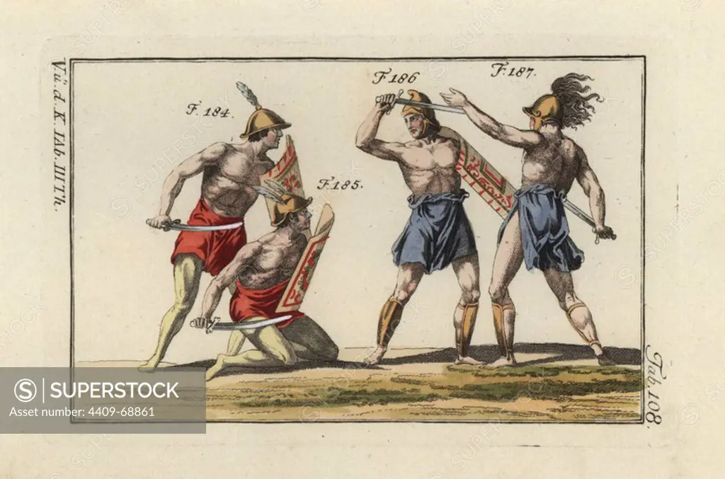 Four Samnite gladiators fighting with swords (gladius), shields (scutum) greaves (ocrea) and helmets. Handcolored copperplate engraving from Robert von Spalart's "Historical Picture of the Costumes of the Principal People of Antiquity and of the Middle Ages" (1798).