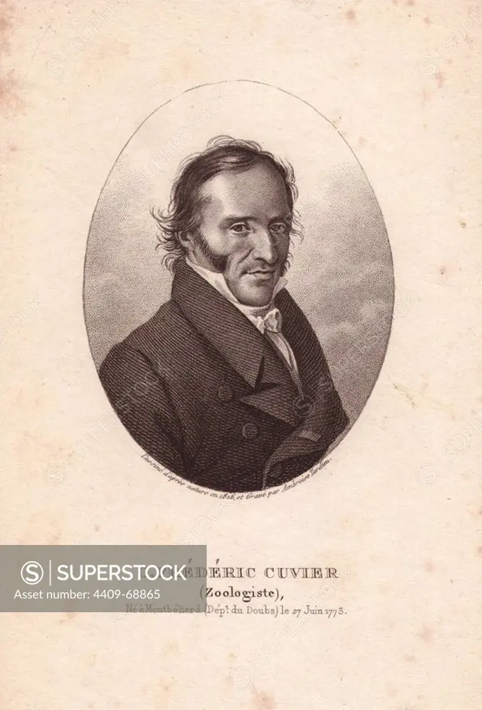 Frederic Cuvier (1773~1838) was a celebrated natural historian and scientist, like his famous younger brother Baron Georges Cuvier. Frederic was a member of the Academy of Sciences, and director of the zoo at the Museum of Natural History in Paris from 1804 to 1838. He edited the contributions of many distinguished scientists to the massive 60-volume Dictionnaire des sciences naturelles (1804~1830), and also wrote l'Histoire naturelle des Mammifères (1819~1828) with Geoffroy Saint-Hilaire.. Portrait copperplate engraving drawn and engraved by Ambroise Tardieu in 1826 for the "Dictionnaire des sciences naturelles.".