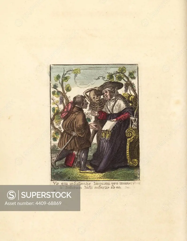 Skeleton of Death grabbing the hat of a Cardinal as he receives a Papal bull from a messenger in a vineyard. Handcoloured copperplate engraving by Wenceslaus Hollar from The Dance of Death by Hans Holbein, Coxhead, London, 1816.